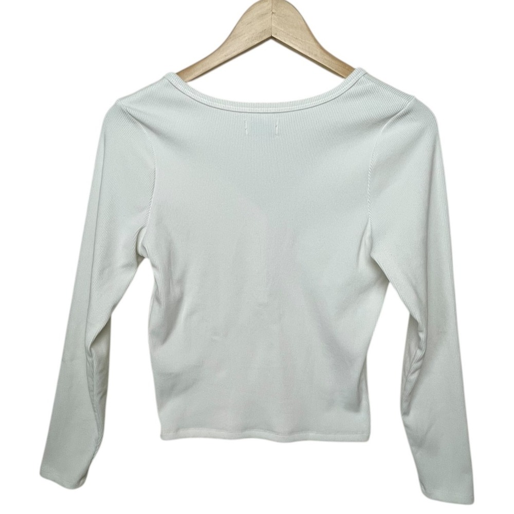 Hollister Henley Large Y2K Top Ribbed V-Neck Off White‎ Crop Preppy - Picture 3 of 6